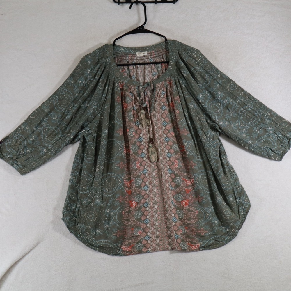 Mason & Belle Womens 2X Boho Peasant Blouse Green Pink Tassel Tie Long Sleeve